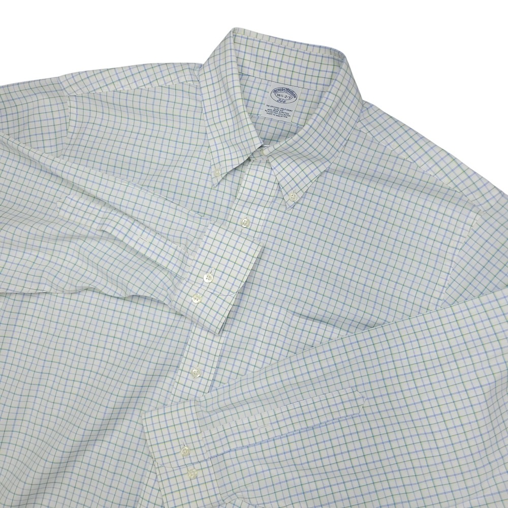 Brooks Brothers 346 Dress Shirt Mens 16 1/2 Slim Fit Non Iron White‎ Blue Green
